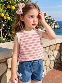 Elladie kids Bộ đồ mùa hè năng động gồm áo không tay kẻ sọc và quần short thời trang có nơ trang trí, dành cho bé gái, tươi tắn và ngọt ngào, thích hợp mặc hàng ngày. - Nhiều màu - Xem 5