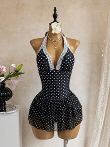 Bellisia Swim Oasis 新款奢华套装，女士连体黑白波点印花蕾丝吊带泳衣搭配波点网纱荷叶边裙泳衣，休闲度假海滩夏季装扮 - 彩色 - 查看 4