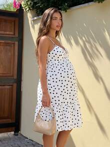 SHEIN Robe cami d'été pour femmes enceintes en vacances à la plage, imprimé pois, buste froncé avec décoration métallique - Noir et Blanc - Voir 10
