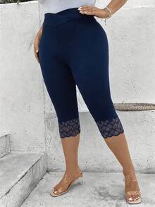 EMERY ROSE Plus Size Women Lace Patchwork Casual Versatile Daily Wear Leggings - Navy Blue - View 6