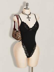 SHEIN ICON Women's Solid Color Spaghetti Strap Sleeveless Fitted Lace Patchwork Bodysuit, Summer - Black - View 7