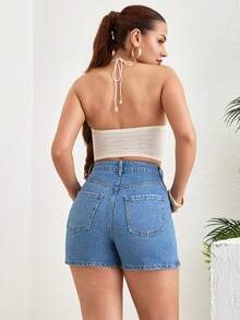 SHEIN Cottnline Washed Denim Casual Shorts For Summer Vacation Light Blue - Medium Wash - View 2