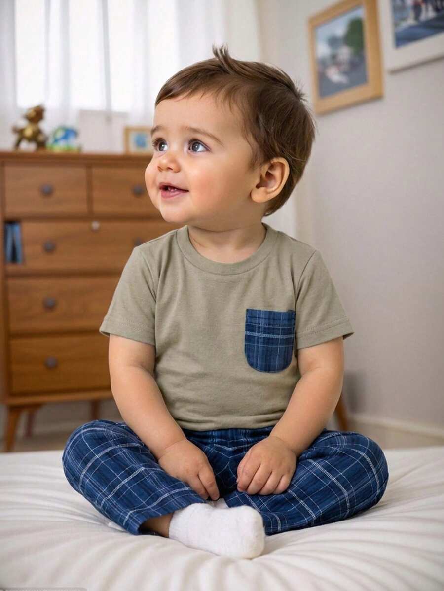 SHEIN Baby Jungen Karohemd mit Tasche & Karoshorts 2 Stücke Set, Lässig & Bequem - Hellgrau - Übersicht 1