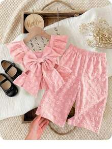 2 Pieces Baby Girl Summer Casual Color-Blocked Ruffled Shirt And Trousers Set - Baby Pink - View 6