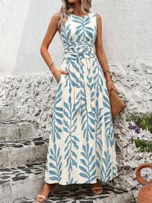 Solivie Sleeveless Crew Neck Twist Front Allover Print Dress - Baby Blue - View 6
