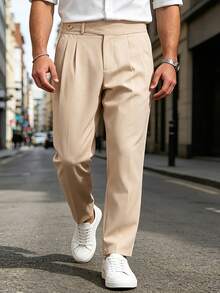 Manfinity Bizformal Quần dài nam màu mơ phong cách công sở, xếp ly, túi chéo, mặc thường ngày - Màu be - Xem 4