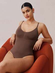 Veilyse 1pc Women Seamless Shapewear Bodysuit, Thong Bottom, Slimming Shaping Bodysuit, Tummy Control Bodysuit, Shapewear, Waist Trainerfor Summer - Brown - View 7