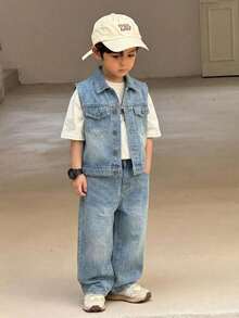 2 pièces Ensemble jeune garçon gilet sans manches en jean bleu vintage et pantalon ample - Jean clair - Voir 5