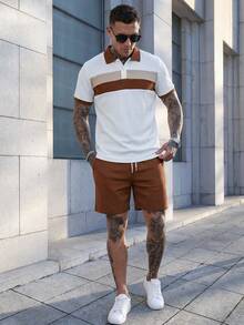 Manfinity CasualCool Men's Casual Contrast Color Polo Shirt And Shorts Set, Summer - Multicolor - View 7