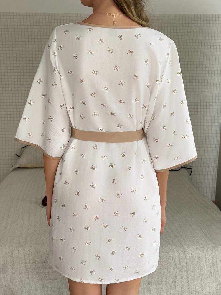 Bow Decor Contrast Trim Loose Long Robe, Women Summer Sleepwear