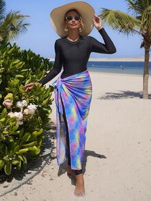 Swim Shayni Women's 3-Piece Set Shell Pattern Position Print Summer Beach Vacation Outfit, Wrinkled Round Neck Long Sleeve Half-Zip One-Piece And Long Pants With Side Tie Mesh Skirt, Elegant Mature Burkini - Green - View 1