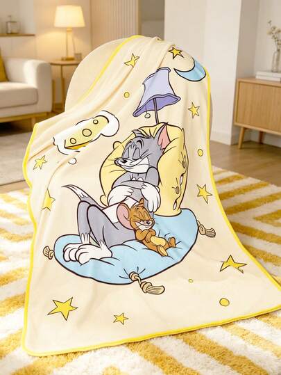 TOM & JERRY X SHEIN 1 Buah Selimut Tebal Bermotif Lucu, Lembut dan Hangat, Tidak Mudah Rontok, Berbagai Ukuran, Dapat Digunakan di Sofa, Tempat Tidur, dan Saat Istirahat Makan Siang