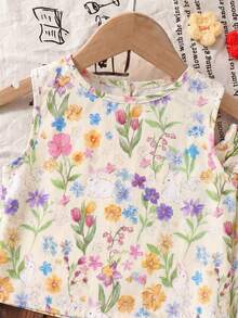 SHEIN 2件組少女碎花無袖蝴蝶結上衣&寬鬆休閒長褲套裝，夏季女孩兩件式服裝套裝復古風 - 黃色 - 查看 5