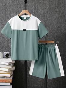 2pcs Tween Boy Casual Contrast Color Round Neck Short Sleeve T-Shirt And Shorts Set,Sage Green,Summer,School,Back-To-School,Outing,Sports,Holiday - Mint Green - View 2