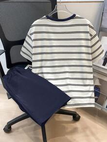 2件套 青少年男童休闲舒适百搭条纹印花T恤和纯色短裤套装 - 藏蓝色 - 查看 2