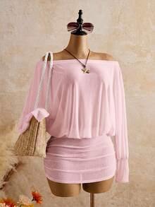 Bonvoyette Women's Sexy Sheer Batwing Sleeve Loose Beach Vacation Dress, Suitable For Spring, Summer And Autumn - Baby Pink - View 4