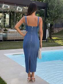 Ronhire Summer Clothes /Country Concert Outfit/Country Concert/Tea Party Dress /Elegant /Concert Outfits /Casual Women Outfits/Summer Clothes /Dress Beach/Summer Clothes /Tea Party Dress /Beach Vacation Outfits/Long Sleeveless Blue Denim Dress - Blue - View 2