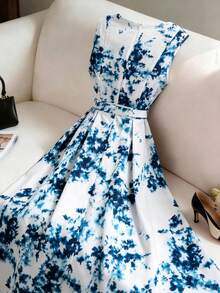 GlowEve CURVE Plus Size Women's Floral Print Off-Shoulder Elegant Flapper 1920s Vacation Dress Wedding Evening Guest Formal Tea Party Blue And White Summer - Blue and White - View 2