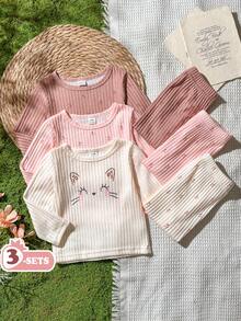 SHEIN Vintaside Kids 6件套女婴春秋季休闲可爱甜美棕色豹纹上衣、粉色杏色上衣搭配同色裤子，3套组合套装，适合上学和日常穿着 - 彩色 - 查看 4