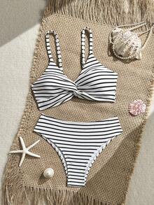 Swim SXY Women's Summer Beach Striped Twist Design Sexy Bikini Swimwear Set - Black and White - View 2