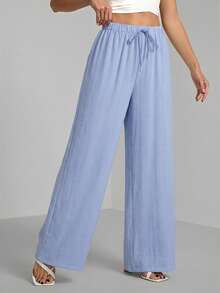 SHEIN Tall Loose Drawstring Waist Trousers In Textured Crinkle Fabric, Tall Women Vacation Lounge Travel Light Blue Autumn Casual - Blue - View 5