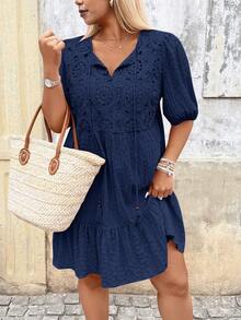 Breezaya Plus Size V-Neck Lantern Sleeve Tassel Lace Patchwork Dress - Navy Blue - View 3