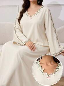 Al Najma Plus Size Women Elegant Modest Pilipinyana Floral Embroidery Flare Sleeve Arabic Abaya Formal Wedding Beige Summer - Apricot - View 3
