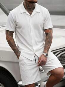Manfinity Homme Men's Casual Solid Color Shirt & Drawstring Shorts Set - White - View 3
