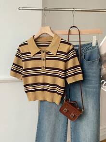 Muchica Regular-Shoulder Short Sleeve Half-Placket Casual Striped Knit Sweater - Camel - View 3