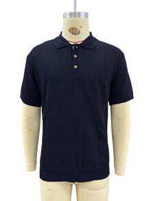 Manfinity Mode Áo thun nam tay ngắn thường ngày mùa hè Old Money Aesthetic dành cho nam Áo thun polo cài nút dành cho nam Áo thun polo dệt kim dành cho nam Áo thun polo dành cho nam - Màu xanh hải quân - Xem 4