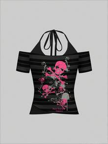 Attitoon Women's Skull Print Striped Casual Sleeveless Mock Neck T-Shirt - Multicolor - View 4