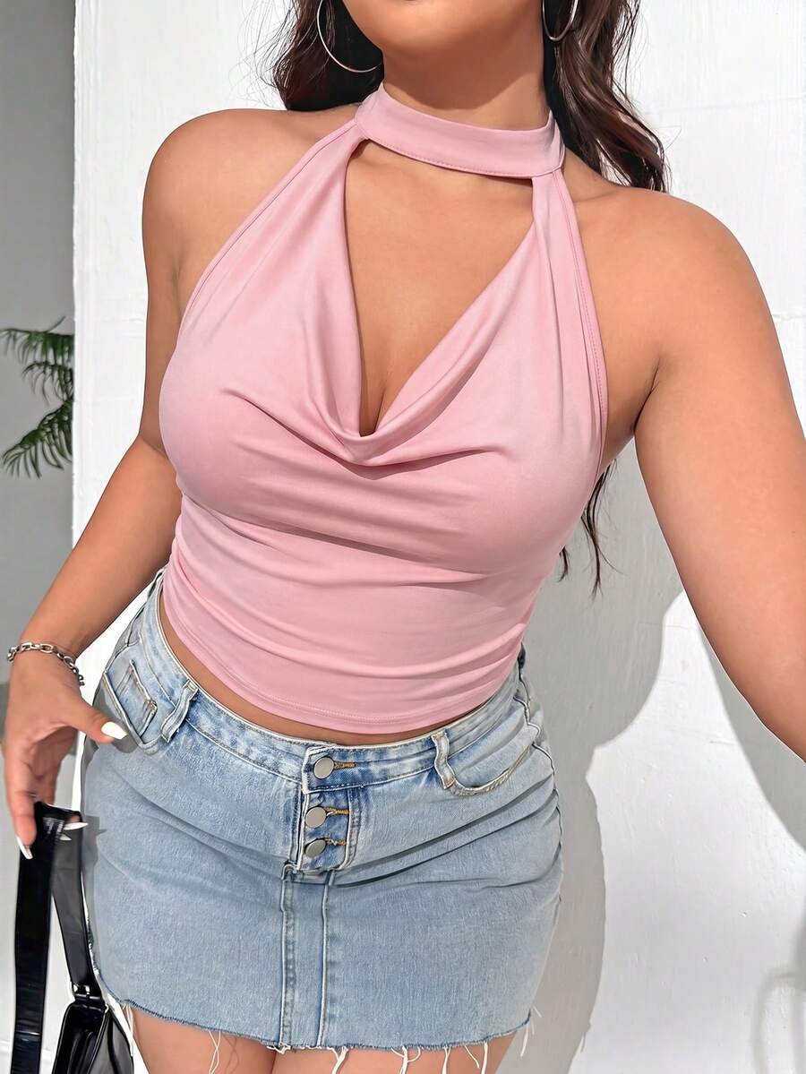 SHEIN EZwear 大码女式纯色吊带休闲百搭日常上衣 - 藕粉色 - 查看 1