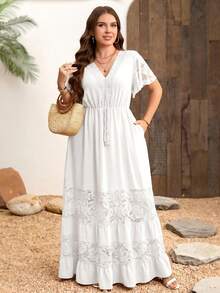 SHEIN Clasi Plus Size Elegant Lace Patchwork V-Neck Bohemian Style Dress - White - View 6