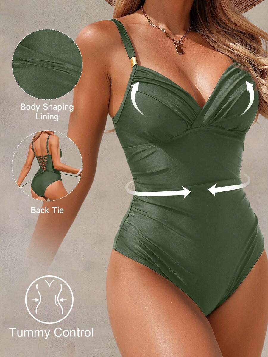 Shapewave 26SS 春夏度假系列成熟优雅收腹裹胸连体泳衣,黑色 - Limelight Green - 查看 1
