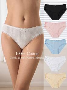 Ocili 5pcs/Pack Cotton Knit Jacquard Comfortable Women's Panties With Contrast Lace And Bow Decor - Multicolor - View 1