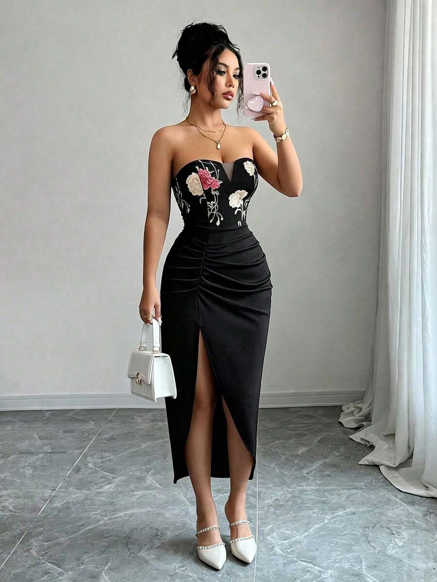 Selianne Vestido elegante sin tirantes con bordado de patchwork y volantes - Negro - Ver 1