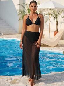 Swim Vcay Women's Size Bikini With Mesh Skirt, Striped Metallic Print Pareo Skirt, Beach And Resort Swimsuit - 黑色 - 查看 3