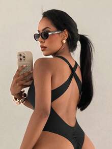 Swim SXY 1pc Women's Solid Color Twist Knot High Neck Criss-Cross Backless One-Piece Swimsuit - Black - View 2