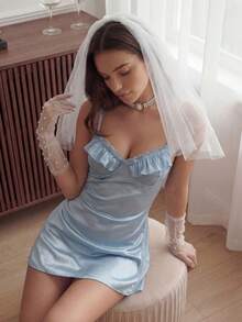 Crystal Vow 女式性感睡袍，带有褶饰蕾丝边、褶饰胸围、褶皱细节、修身剪裁、高开衩、法式浪漫风格 - 霧霾藍 - 查看 3