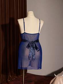 Slumberist Plus Size Women's Sexy Lace Camisole Nightgown: Sheer Mesh With Sexy Lace, Waist Satin Ribbon Intimate Sexy Sleepwear - Navy Blue - View 8