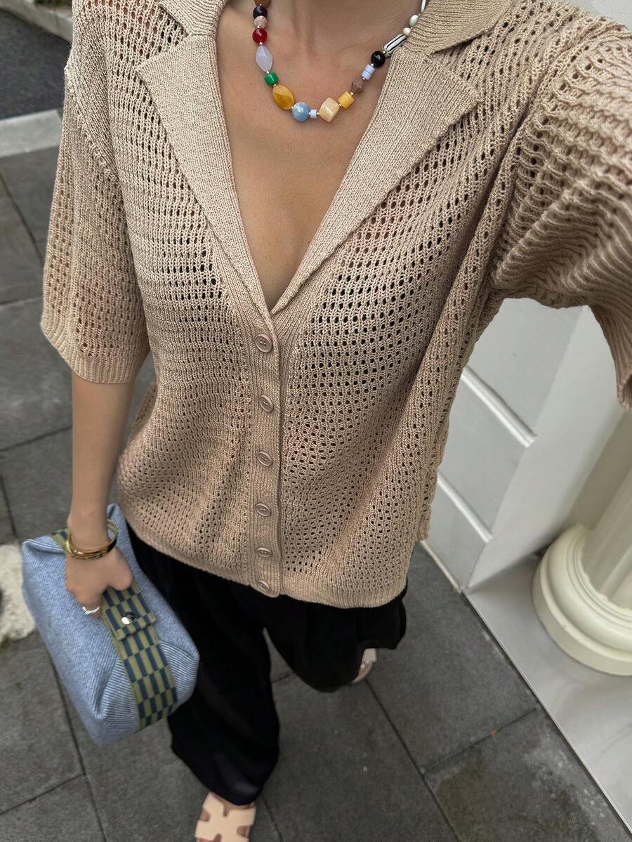 Livesso Cardigan estivo da donna color kaki, stile casual ampio per vacanze & pendolarismo, tessuto a maglia traforata, maniche corte con colletto stile scuola - Albicocca - Visualizzare 1