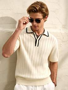 Airaco Men's Contrast Trim Hollow Out Casual Short Sleeve Knit Top, Summer - Apricot - View 3