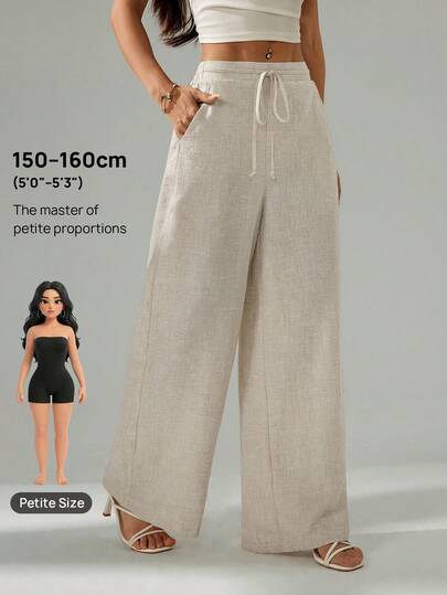 SHEIN Tall CURVE Pantalon ample en lin texturé à cordon de serrage et poches pour femmes grandes tailles, couleur unie. Pantalon en lin ample de style vintage. Pantalon d'été pour plage et vacances. Pantalon cargo.