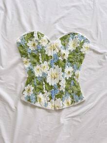Soleia Women's Retro Palace Style Colorful Floral Jacquard Print Bandeau Crop Top With Buttons And Back Tie,Summer Top - Multicolor - View 5