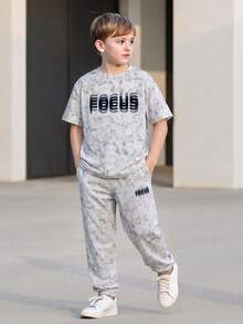 Vacaura 2pcs Boys' Tie-Dye Gradient Effect Short Sleeve T-Shirt And Pants Set, Suitable For Spring/Summer Outdoor Casual Wear - Grey - View 1