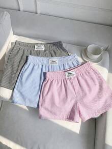 Veykashi 3件套加大码女式夏季休闲度假日常通勤条纹印花装饰弹力腰短裤 - 彩色 - 查看 7
