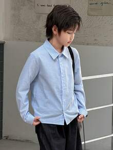 DAZY Camisa de manga larga con cuello y rayas para niños talla grande - Azul - Ver 3