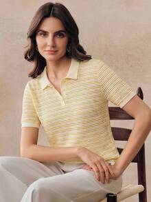 2026 Camisetas de punto de manga corta con cuello medio de rayas de alta calidad y nueva moda de verano, talla estándar para mujer, tops lindos - Amarillo - Ver 2