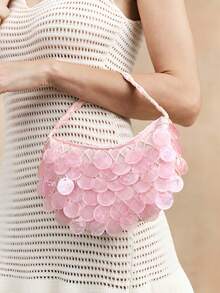 Viva Strut Ladies, Women Pink Imitation Round Seashell Pieces Top Handle Bags, Handmade Bag, Fashionable, Simple, Personalized, Versatile, Sweet And Cool Girls, Hot Girls, For Beach, Vacation, Holiday, Summer, Seaside, Beach Party - Pink - View 2