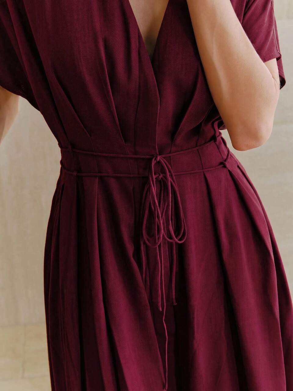 Women's Elegant Deep V-Neck Batwing Sleeve Linen Dress,Burgundy Autumn Dining French Rose Red Ruched Tie-Waist Long Dress For Party Gathering Vacation